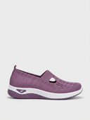 Purple slip-on knit trainers with T-bar cutout and contoured cushioned sole — Purple colourway, size 6.