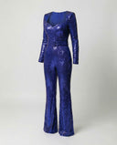 Blue sequined jumpsuit with square neckline, long sleeves, and flared legs, angled front view.