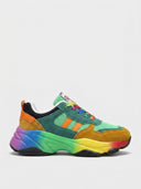 Chunky lace-up trainers in Green dominant variant — multicolour upper with rainbow bubble sole, EU sizes 35 to 43.