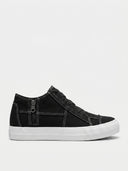 Black high-top canvas trainers with distressed raw-edge upper, side zip, white stitching detail, and white cupsole.