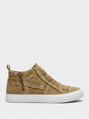 Gold canvas high-top trainers with distressed raw-edge upper, side zip, elastic lace, and white cupsole, angled view.