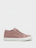 Pink canvas high-top trainers with elastic strap closure, distressed detailing, and white rubber sole, side view.