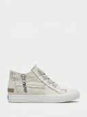 White high-top canvas trainers with distressed raw-edge panels, side zip, elastic lace, and white cupsole.