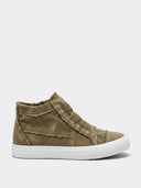 High-top distressed raw-edge canvas trainers in olive green with elastic cross-lace and white cupsole, side view.