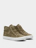 Pair of olive green high-top canvas trainers with distressed panelling and white cupsole, angled view.