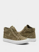 Pair of olive green distressed high-top canvas trainers with white rubber cupsole on white background.