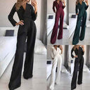 Collage of five slim-fit long sleeve jumpsuits in black, burgundy, green, and white, front view.