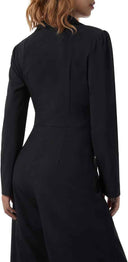 Black long-sleeve jumpsuit with a cinched waist, angled back view on a white background.