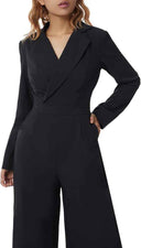 Black slim-fit long sleeve jumpsuit with V-neck and wide lapels, angled front view.