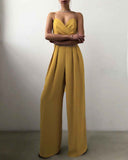 Mustard spaghetti strap overall with flared hemline, front view on a white background.