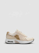 Air cushion lace-up trainers in beige and gold colour-block, front view on white background — women's retro running style trainers.