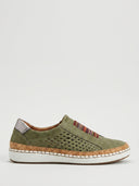 Slip-on perforated comfort trainers in Green with cork-effect midsole and white rubber outsole.