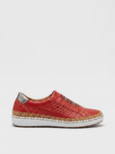 Slip-on perforated comfort trainers in Red with diamond laser-cut upper and cork midsole detail.