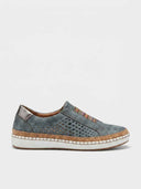 Slip-on perforated trainers in steel blue with cork midsole and white rubber outsole, front view on white background.