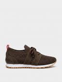 Brown knit lace-up barefoot trainer with suede-look overlays, white EVA midsole, and gum outsole, side view.