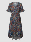 Navy blue floral midi dress with V-neck and ruffled sleeves, front view on white background.