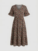 Black floral midi dress with V-neck, short ruffled sleeves, and tiered skirt, front view.