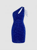 Blue sequined one-shoulder mini dress with beaded fringe, front view on a white background.