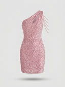 Pink sequined one-shoulder mini dress with beaded fringe, front view on a white background.