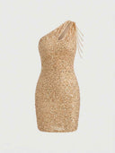 Gold one-shoulder mini dress with all-over sequins and shoulder chains, front view on white background.