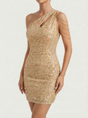 Gold sequin one-shoulder mini dress with chain details, angled front view on white background.