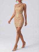 Gold one-shoulder sequin mini dress with shoulder chains, angled front view on white background.