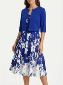 Blue floral maxi dress with matching bolero jacket, front view.