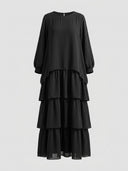 Black chiffon mini dress with long sleeves and tiered skirt, front view.