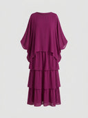 Magenta tiered chiffon mini dress with long sleeves, front view on white background.