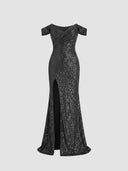Black sequin off-shoulder maxi dress with thigh-high slit, front view on light background.