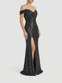 Black sequin off-shoulder maxi dress with thigh-high slit, front view on white background.