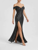 Black sequin off-shoulder maxi dress with thigh-high slit, angled view on white background.