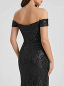 Black sequin off-shoulder maxi dress with back zipper, shown from the back.
