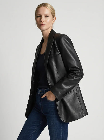 Evan | Chic Long Sleeve Faux Leather Blazer - Credo Nera