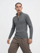 Theo | Modern Stylish Ribbed Half Zip Mens Sweater - Credo Nera