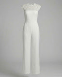 White jumpsuit with lace cap sleeves and lace bodice, front view on gray background.