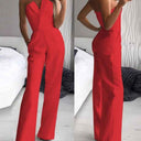 Red sleeveless jumpsuit with wide legs and pockets, front and back views.