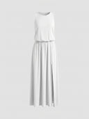 White sleeveless maxi dress with elastic waist and side slit, front view on gray background.