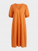 Orange midi dress with V-neck and puffed short sleeves, front view on white background.