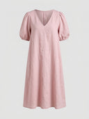 Pink midi dress with V-neck and puffed short sleeves, front view on a white background.
