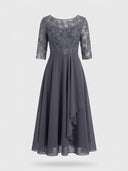 Charcoal gray midi dress with embroidered lace bodice and sheer 3/4 sleeves, front view.