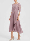 Mauve midi dress with embroidered lace bodice, 3/4 sleeves, and flowing skirt, angled front view.