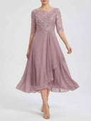 Mauve midi dress with embroidered bodice, sheer 3/4 sleeves, and flowing skirt, front view.