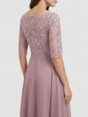 Mauve midi dress with embroidered bodice and sleeves, angled back view.