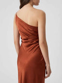 Copper one-shoulder midi dress with ruched side detail, back view.