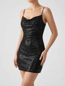 Black sequin mini dress with spaghetti straps and cowl neck, angled front view.