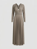 Taupe long-sleeve maxi dress with a deep V-neck and wrapped waist, front view.