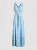Light blue sleeveless maxi dress with crisscross bodice, front view on a white background.