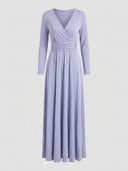Lavender long-sleeve maxi dress with V-neck and wrap waist, front view on a white background.