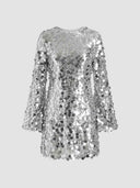 Silver sequin mini dress with long bell sleeves, front view on a white background.